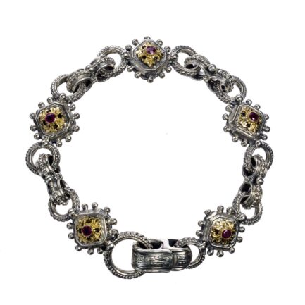 Byzantine Square Link Bracelet with Rubies in 18K Gold & Silver
