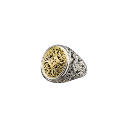 Filigree Byzantine Oval Shape Cross Ring 18k Yellow Gold and Sterling Silver
