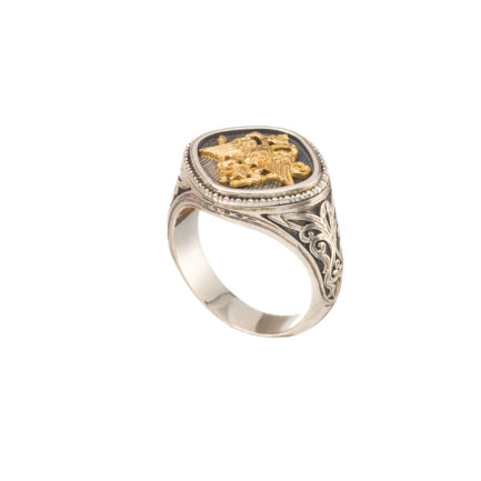 Double Headed Eagle Ring Byzantine Imperial Symbol for Men’s 18k Gold and Silver
