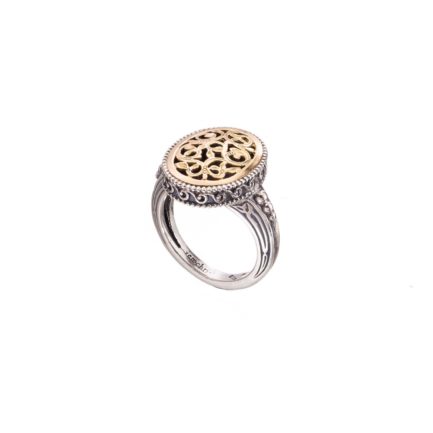 Oval Flower Byzantine Ring for Women’s 18k Yellow Gold and Silver 925