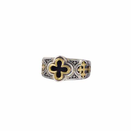 Triple Cross Men’s Band Byzantine Ring 18k Yellow Gold and Sterling Silver 925