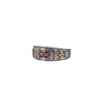 Triple Cross Ruby Band Byzantine Ring 18k Yellow Gold and Sterling Silver 925