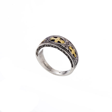 Triple Cross Band Byzantine Ring 18k Yellow Gold and Sterling Silver 925