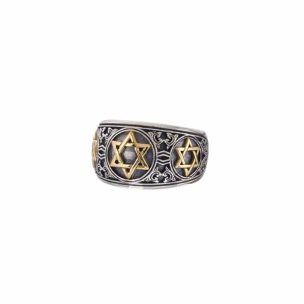 Star of David for Men’s Band Ring 18k Yellow Gold and Sterling Silver 925