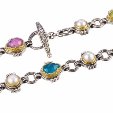Silver with Gold plated Parts Multi-Colored Stone Link Necklace for Ladies