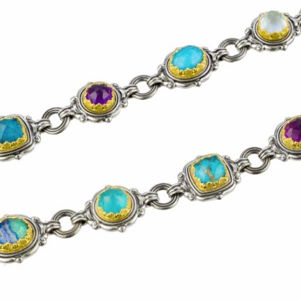 Silver with Gold plated Parts Multi-Colored Stone Link Necklace for Ladies