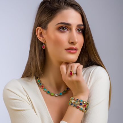 Silver with Gold plated Parts Multi-Colored Stone Oval Link Necklace for Ladies