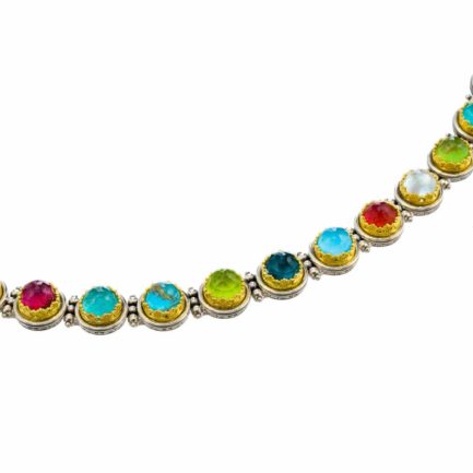 Silver with Gold plated Parts Multi-Colored Stone Link Necklace for Ladies