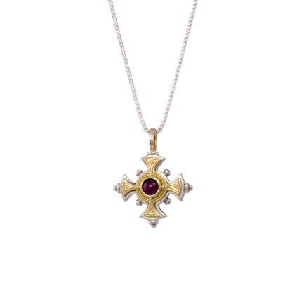 Byzantine Cross Pendant Garnet 18k Yellow Gold and Sterling Silver 925