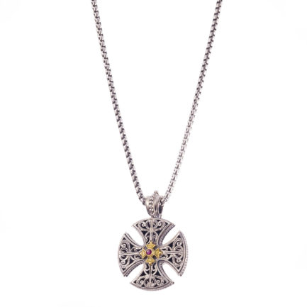 Maltese Men’s Cross Pendant Ruby 18k Yellow Gold and Sterling Silver 925