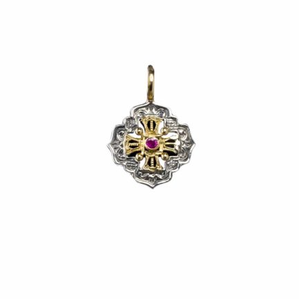 Byzantine Pendant Rubies for Ladies Yellow Gold k18 and Silver 925
