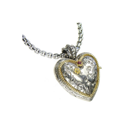 Heart Locket Pendant Flower Photo Byzantine for Ladies 18k Yellow Gold and Silver