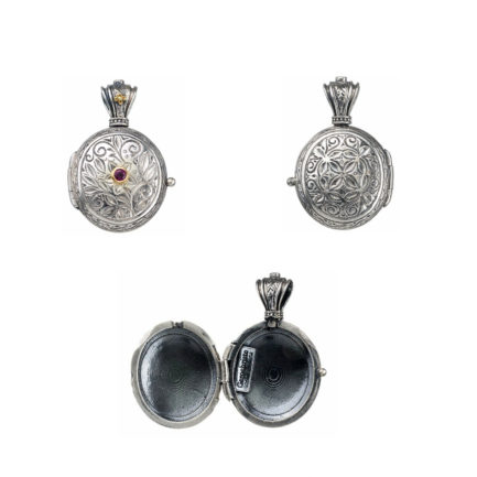 Oval Locket Pendant Small Photo Ruby Byzantine 18k Yellow Gold and Silver 925