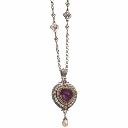Large Heart Pendant Pearl Drop 18k Yellow Gold and Sterling Silver 925
