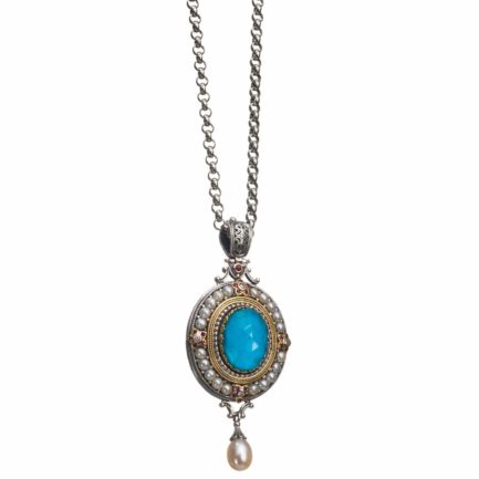 Large Oval Pendant Pearl Drop 18k Yellow Gold and Sterling Silver 925