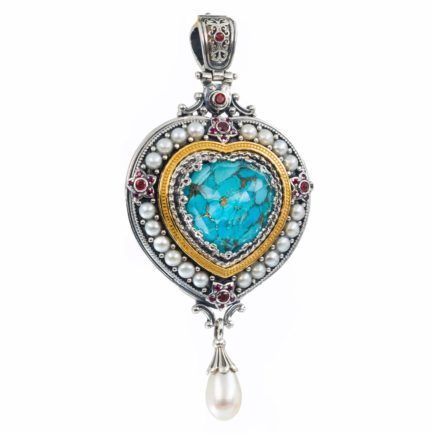 Large Heart Pendant Pearl Drop in Sterling Silver with Gold Plated Parts