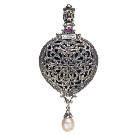 Large Heart Pendant Pearl Drop in Sterling Silver with Gold Plated Parts