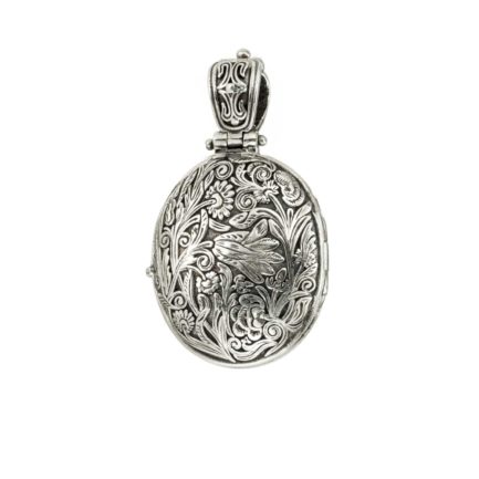 Garden Flowers Oval Locket Pendant in Sterling Silver 925