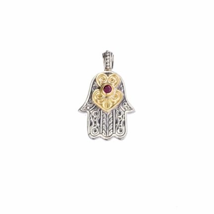 Hamsa Fatima Hand Amulet Pendant Silver and 18k Gold
