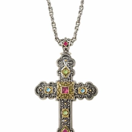 Byzantine Cross Pendant 18k Yellow Gold and Sterling Silver 925