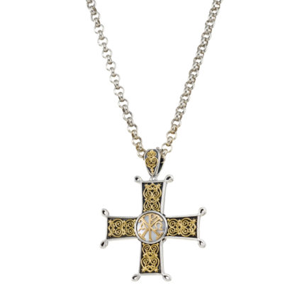 Chi-Rho Filigree Faith Large Cross Pendant 18k Yellow Gold and Sterling Silver 925