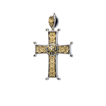 Chi-Rho Filigree Faith Large Cross Pendant 18k Yellow Gold and Sterling Silver 925