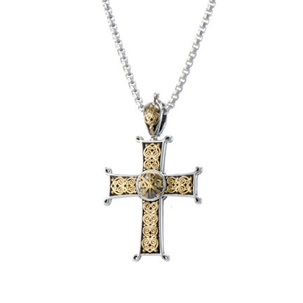 Chi-Rho Filigree Faith Large Cross Pendant 18k Yellow Gold and Sterling Silver 925