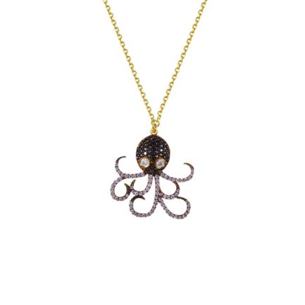 Octopus Charm Necklace Yellow Gold k14 with Cubic Zirconia for Women for Teen