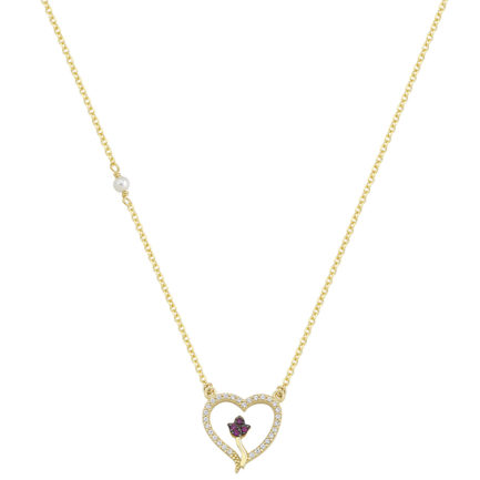 Heart Charm Necklace Yellow Gold k14 with Cubic Zirconia for Women for Teen