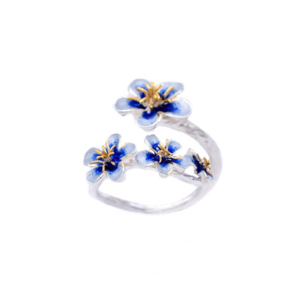 Adjustable Silver-Enamel Floral Ring with Gold Plated Stamens