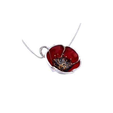 Red Poppy Flower Necklace with Gold Plated Stamens and Enamel