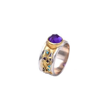 Sterling Silver Ring Butterfly Gold Plated with Enamel with Gold Leaf