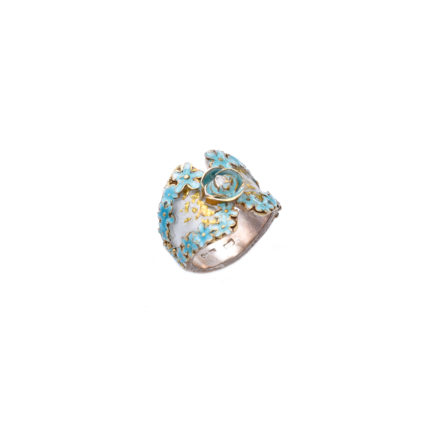 A Vintage-Style Blooming Rose Enamel Ring adorned with 24k Golden Leaves