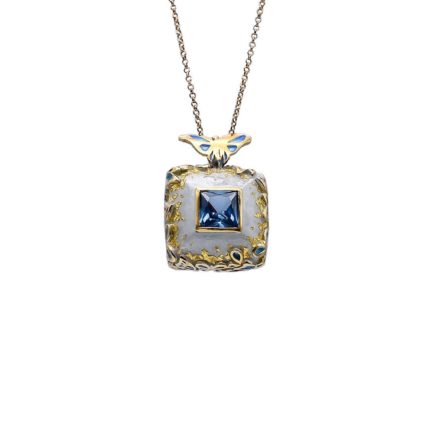 Sterling Silver Square Pendant Butterfly Gold Plated with Enamel, 24K Gold Leaf