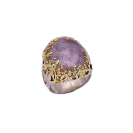 Bold Silver Cocktail Ring with Butterflies, Light Blue Enamel and 24K Gold Leaves