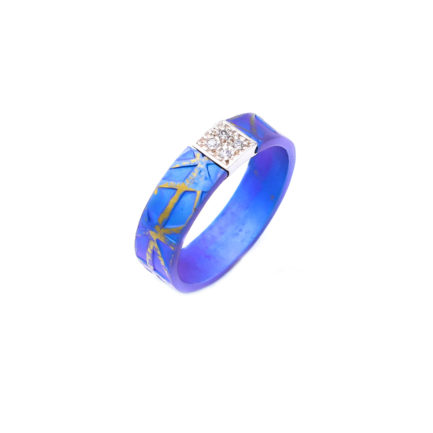 Narrow Textured Titanium Ring with Silver Bar and 4 Zirconia