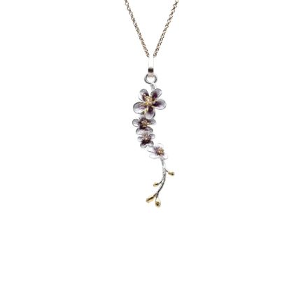 Silver Plum Blossom Pendant with Pink Enamel and Gold Plated Stamens