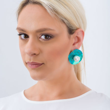 Green Water Lily Earrings in Titanium and Freshwater Pearls