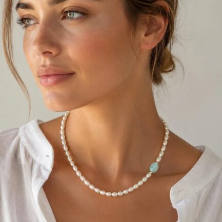 Pearl & Aquamarine Necklace 6–7mm in 14K
