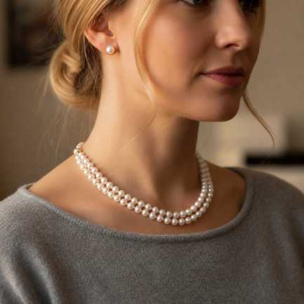 Two-Row Freshwater Pearl Necklace 7.5–8mm in 14K