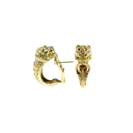Lion Half Hoop Earrings Handmade in 18k Yellow Solid Gold