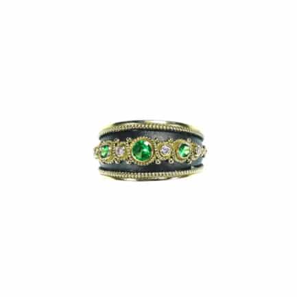 Triple Stone Tsavorite & Diamonds Byzantine Band Ring 18k Yellow Gold