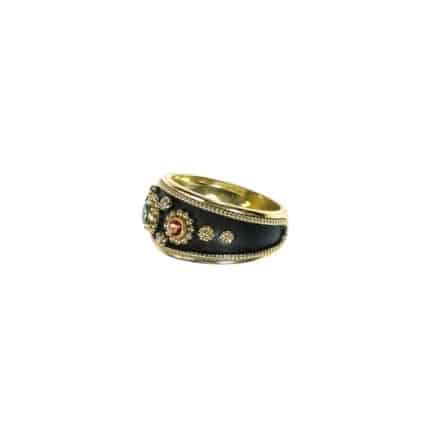 Triple Stone Center Sapphires Byzantine Ring 18k Yellow Gold