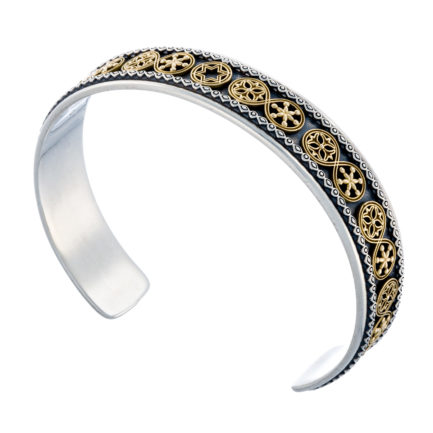Multi Faith Open Cuff Bracelet Jewish artifacts 18k Yellow Gold and Silver 925