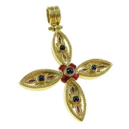 Large 22k Gold Pendant Cross with Sapphire and Enamel