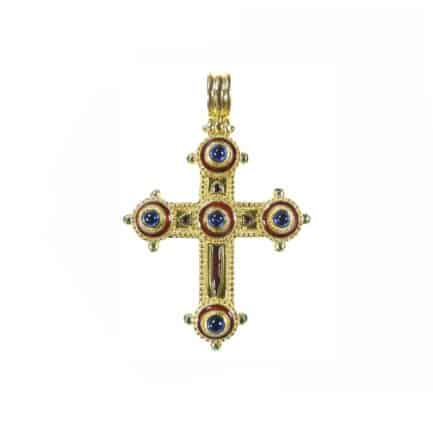 22k Yellow Gold Large Western Enamel Pendant Cross Sapphire and Emeralds