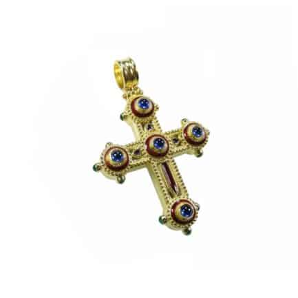 22k Yellow Gold Large Western Enamel Pendant Cross Sapphire and Emeralds