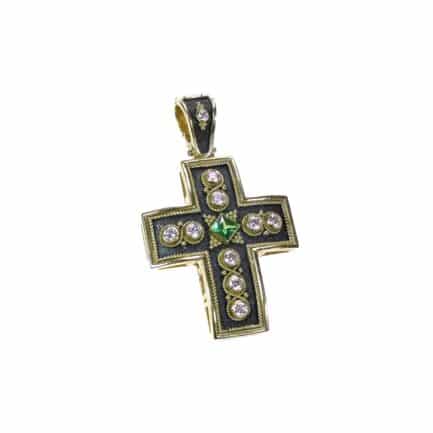 Diamonds Cross Byzantine Pendant 18k Yellow Gold and Black Rhodium