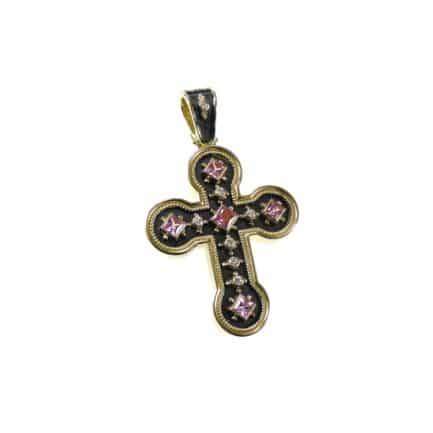 18k Gold Byzantine Sapphires Cross Pendant Handmade Religious Jewelry