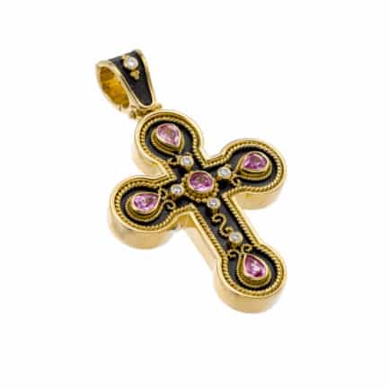 Byzantine Sapphire Cross Pendant 18k Yellow Gold